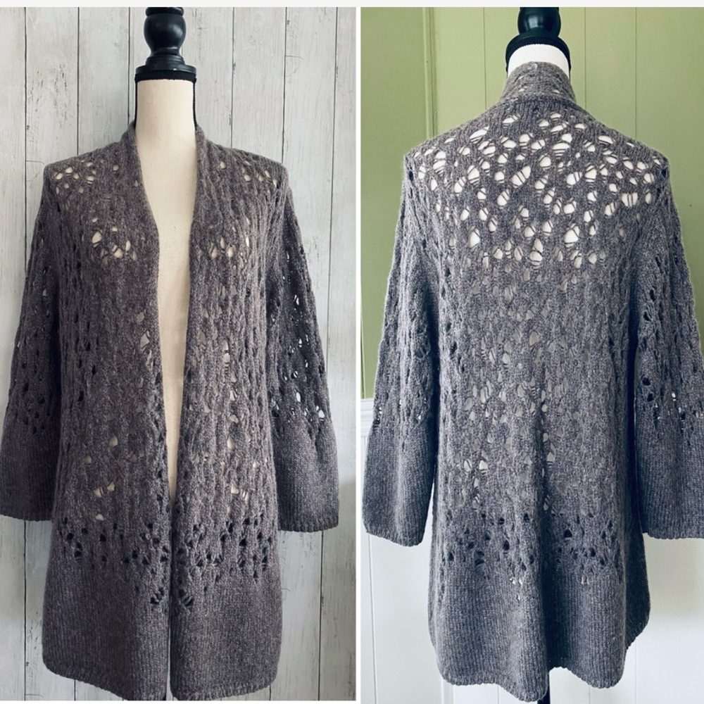 New Eileen Fisher Wool Blend Air-Lace Sweater Cardigan